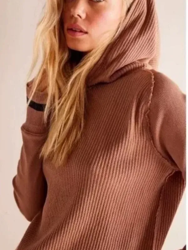 Free People We the Free Super Natural Thermal Hoodie Tan Brown W2294 Sz L - Image 3