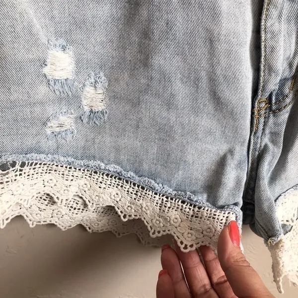 Free People Distressed Crochet‎ Denim Shorts - Image 3