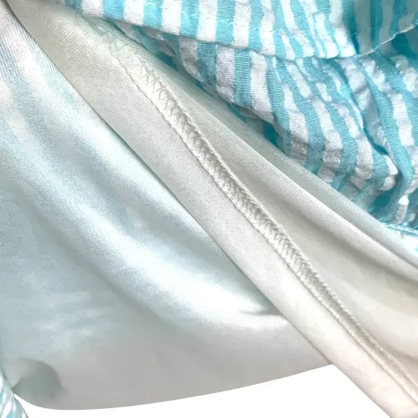 &merci Aqua White Striped Seersucker Tiered Mini Dress S Half Button Puff Sleeve - Image 8