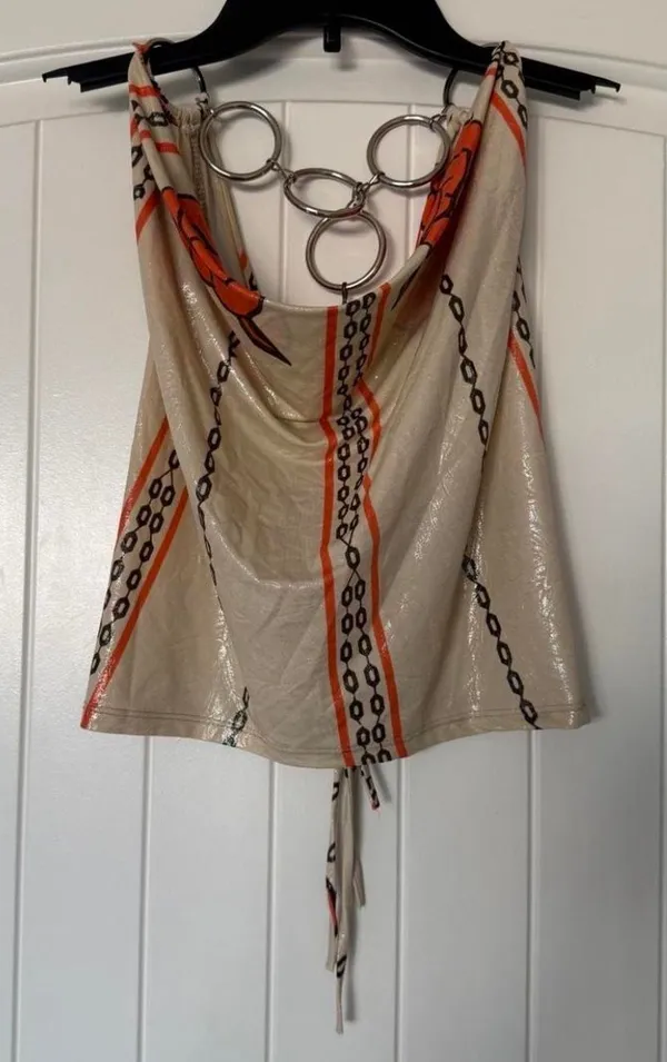 Y2K Backless Chain-Link Halter Top with Oversized O-Ring Hardware – Glossy Cream, Orange & Black - Image 4