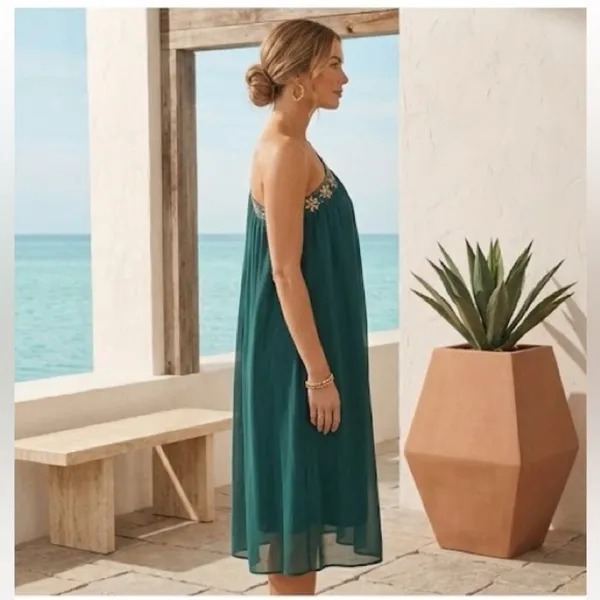Ever Pretty Emerald Green One Shoulder Beaded Grecian Mini Dress Boho Resort - Image 2