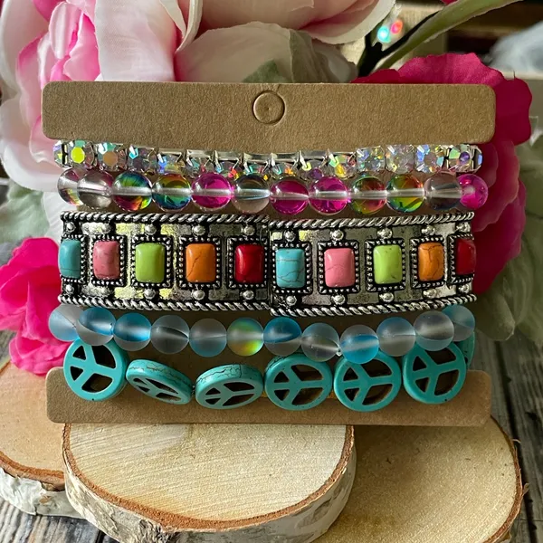 Set of 5 stackable bracelets in shimmering crystals and multi colored gemstones - Image 3