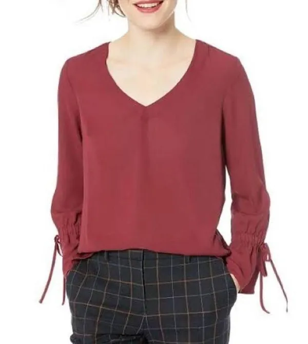 J. Crew Mercantile | Size 4 | Burgundy Red Top with Ruffle Bell Tie Sleeves - Image 2