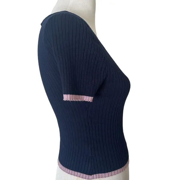 Ribbed Knit Cropped Baby Tee‎ Ruffle Edge Top S Navy Blue Pastel Stretch Indie - Image 8