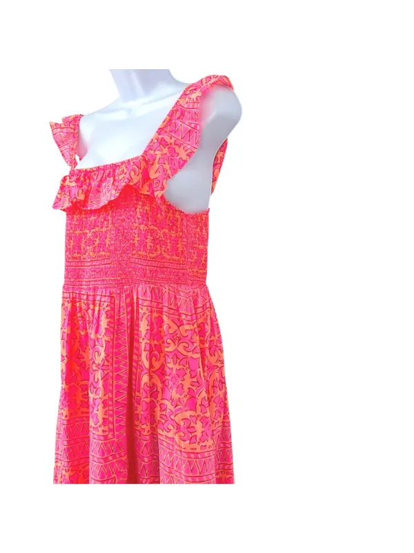 Vineyard Vines Neon Tortola Smocked Midi Dress Vibrant Pink Orange Size Medium - Image 4