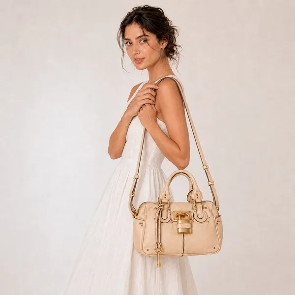 CHLOE PADDINGTON Leather Handbag Beige Cream Crossbody Strap Lock & Key - Image 3