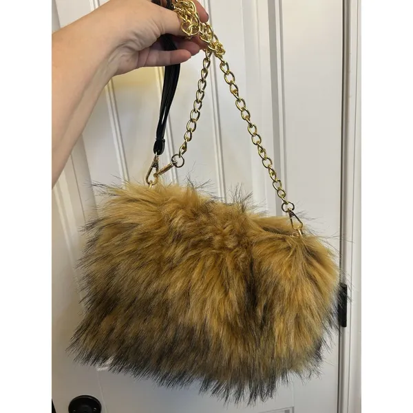 Faux Fur Shoulder Crossbody Bag Brown Gold Chain Cozy Winter Plush Handbag Purse - Image 2