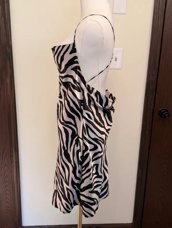 H&M zebra print satin mini open back draped slip dress - Image 4