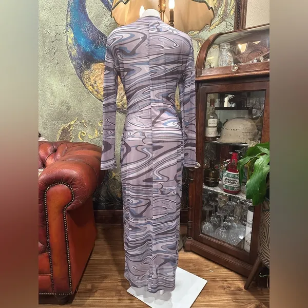 VTG Y2K Mesh Maxi Dress Psychedelic Swirl Print Long Sleeve Bodycon Grunge L - Image 4