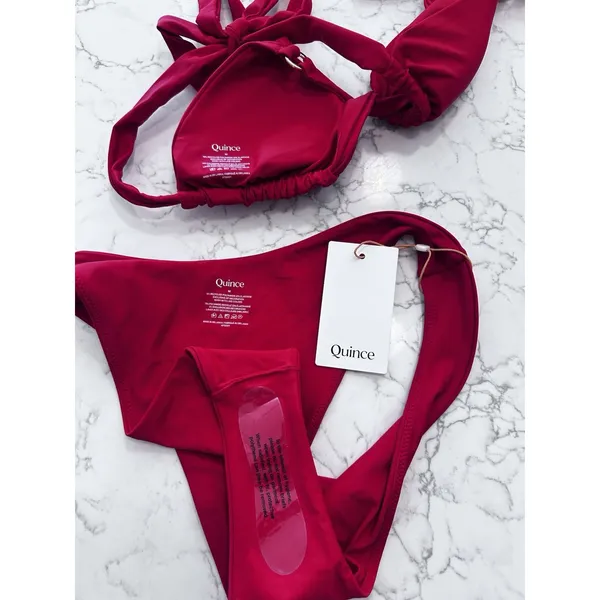 NEW Quince Cherry Red Italian Full Coverage Ring Triangle Bikini Top & Bottom M - Image 3