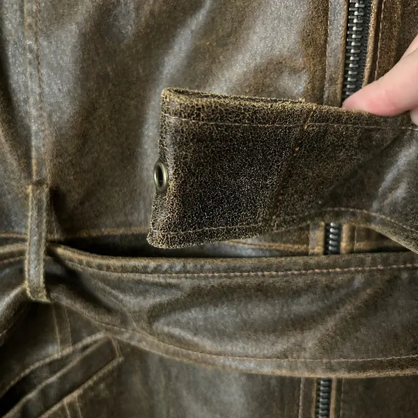Vintage Leather Jacket Genuine Leather Brown Faux Fur Trim Belted Size XL - Image 3