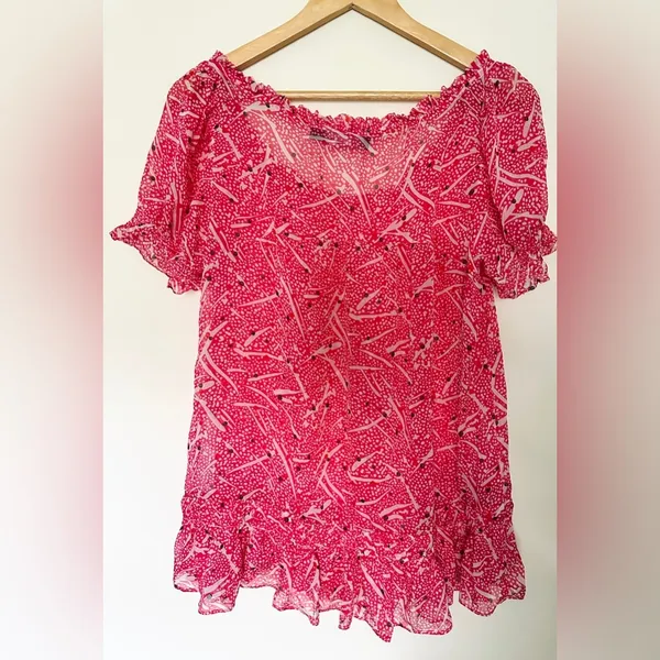 Zara‎ Basic Women’s Top Silk Red Sz Medium Patterned Short Sleeve Ruffled - Image 8
