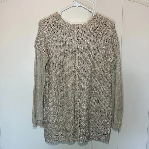 REBECCA TAYLOR Tan Silver Chunky Knit Cotton Crochet Crew Pullover Top Small‎ - Image 2