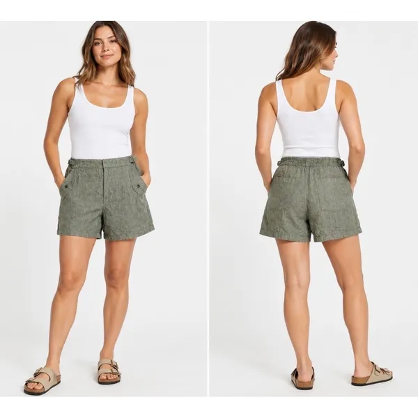 Athleta Voyager 100% Linen Shorts Womens 12 Aspen Olive Adjustable Waist - Image 2