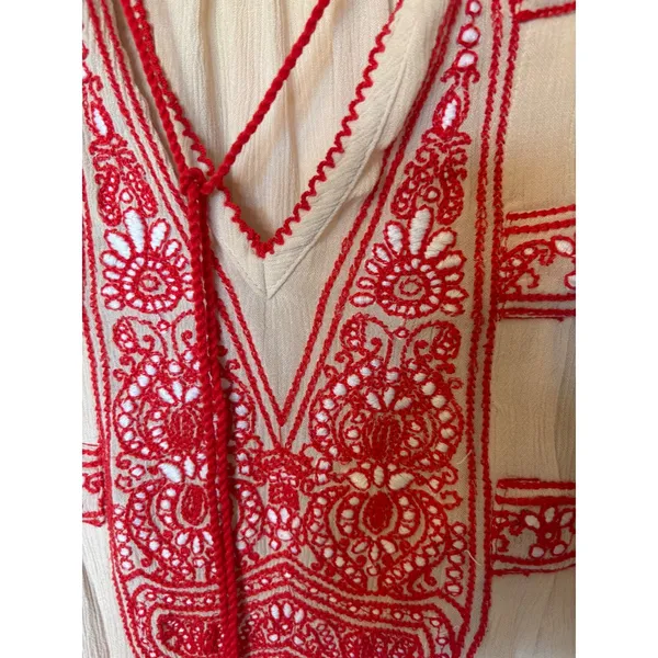Free People Boho Embroidered Mini Dress Cream Red Tassel XS Peasant Gauze - Image 2