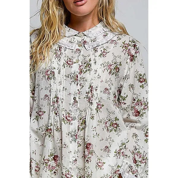 POL Floral Lace Trim Pintuck Button-Down Shirt - Ivory - Large - Image 6