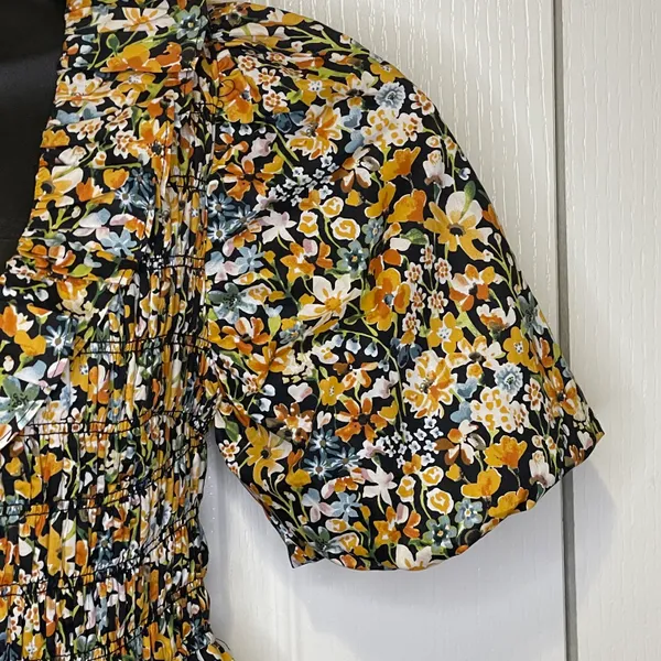 NWT Plunge Smocked Cotton Floral Mini Dress Yellow Black Blue XS - Image 5