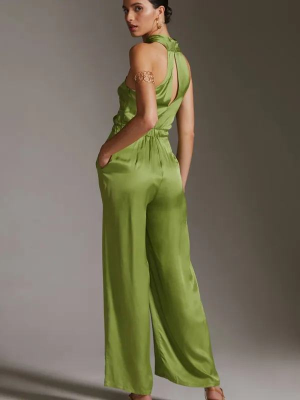 Women’s Anthropologie/DOLAN Green Satin Halter Jumpsuit Size: S - Image 3