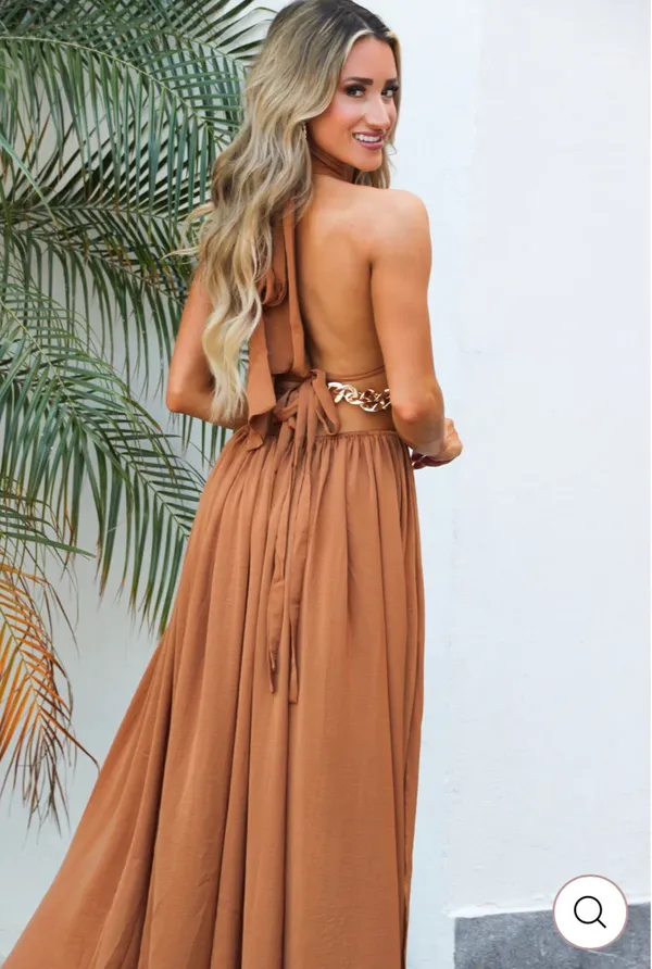 Carmel Cutout Tie Flowly Wrap Maxi Dress With Gold Chain Accents And Slit - Image 3