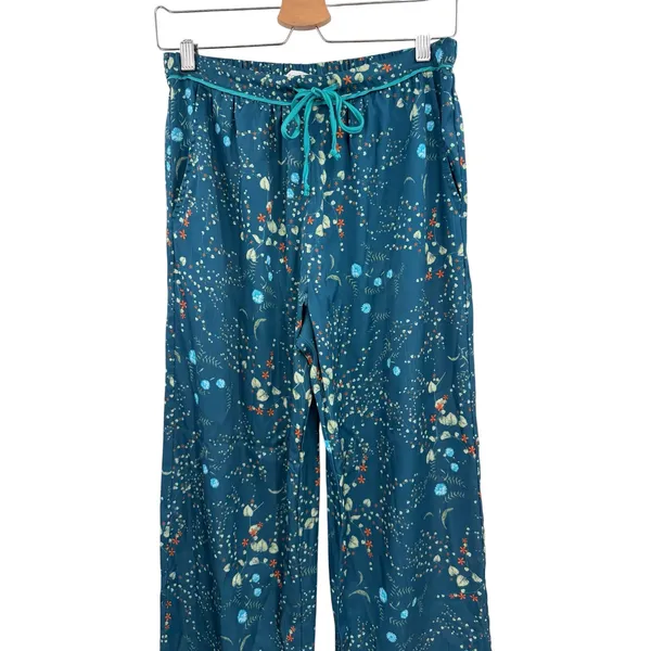 Bed To Brunch Botanical Pajama Lounge Pants Teal Satin Feel Drawstring Small‎ - Image 3