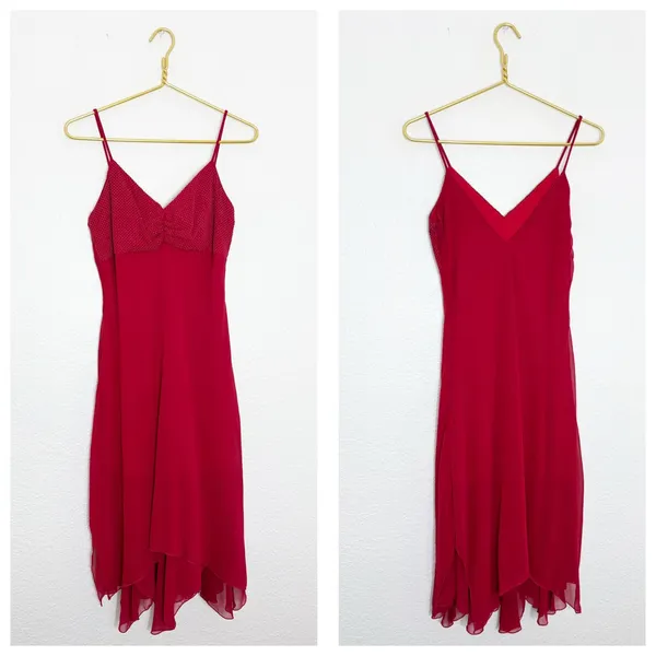 Vintage Y2K Red Beaded Asymmetrical Hem Midi Dress Medium Fairy Whimsigoth 90s - Image 2