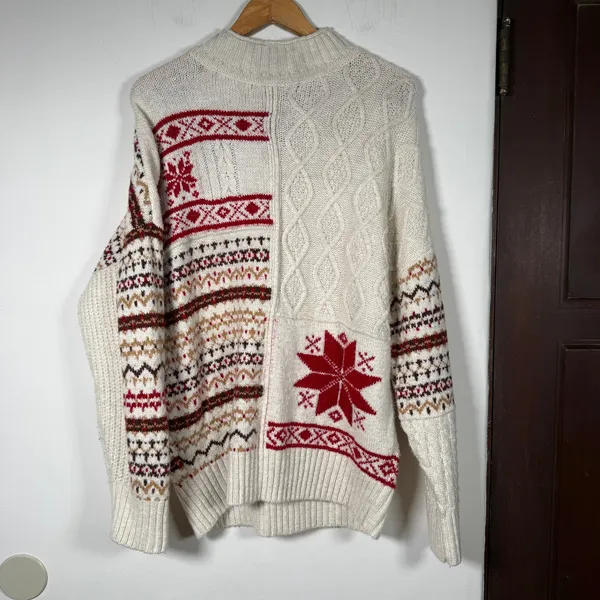 AMERICAN EAGLE Cream and Burgundy Cozy Cabincore Chunky Sweater Extra Large - Image 4