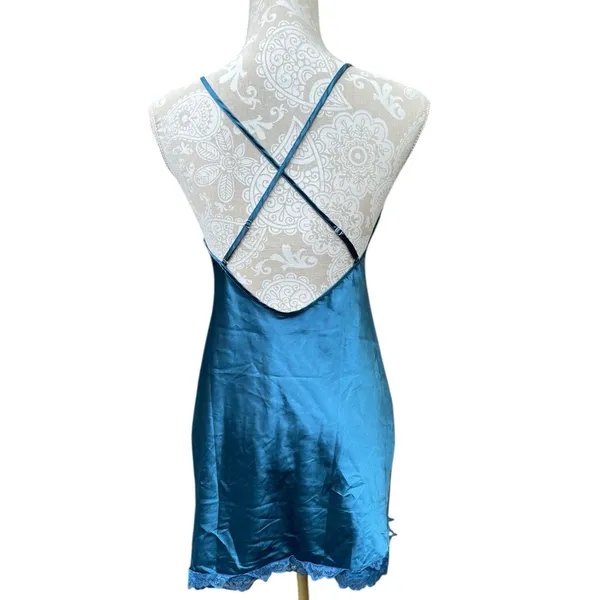 Teal Blue Satin Lace Slip Dress Chemise M Y2K Lingerie Aesthetic Feminine Coquet - Image 5