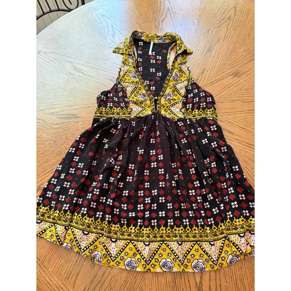 Free‎ People Mixed Print Babydoll Tunic Top Black Yellow Boho OB938693 Womens XS - Image 2