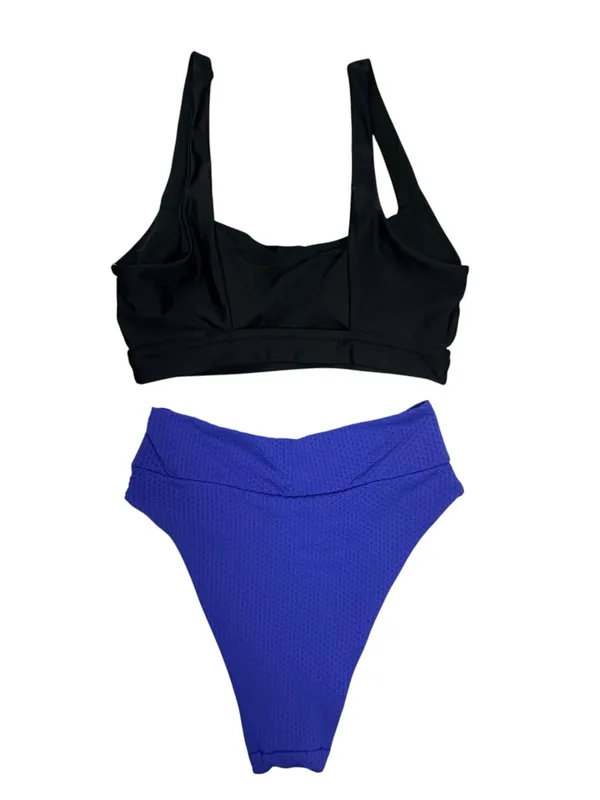 Aerie Two-Piece Bikini Swimsuit Black & Purple | Textured High-Waist Bottom - Image 2