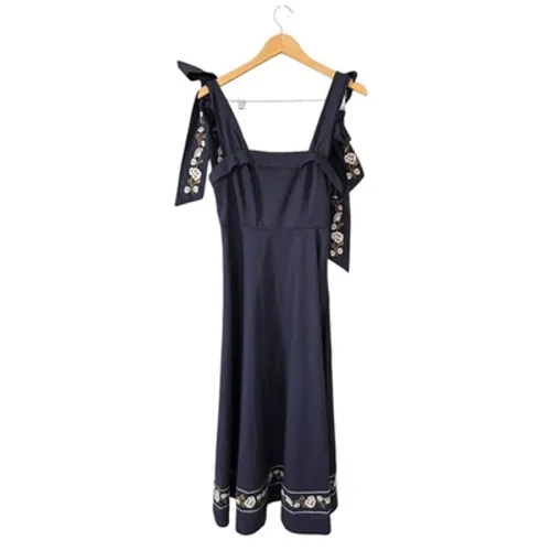 Petal & Pup Navy Blue Linen Blend Floral Embroidered Midi Dress Size Medium - Image 2