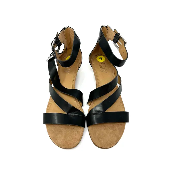 Franco Sarto‎ size 9 black strappy low heel kitten heel sandals zip up rear - Image 2