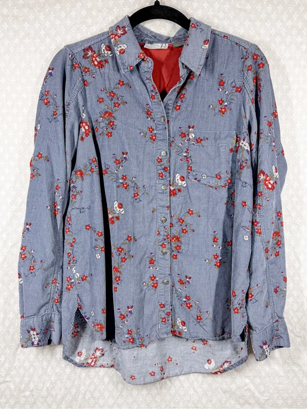 Anthropologie Building 13 Blue Red Floral Button Down Corduroy Top‎ - Image 2