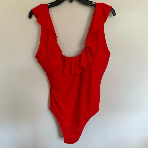 Women’s J. Crew Ruffle‎ Scoopback One Piece Swimsuit Size 16 Red Beach Summer - Image 3