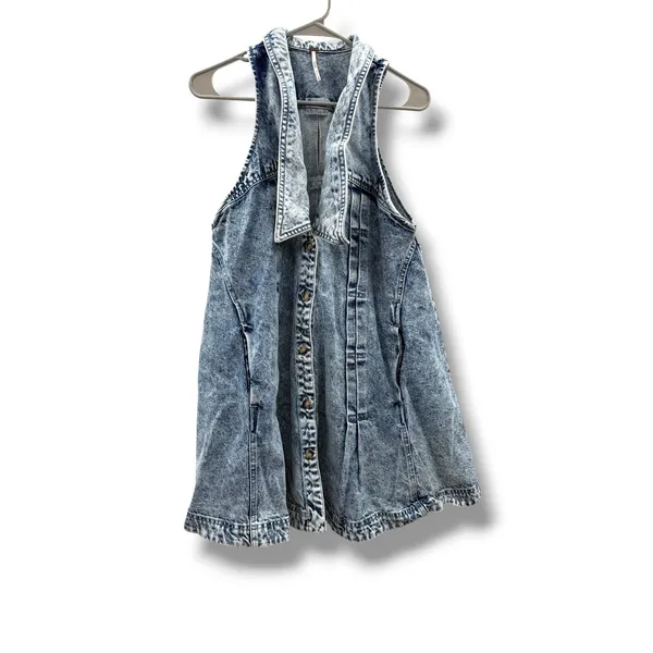 Free People‎ Katie Denim Mini Dress Small Acid Wash Halter Button Front Boho - Image 3
