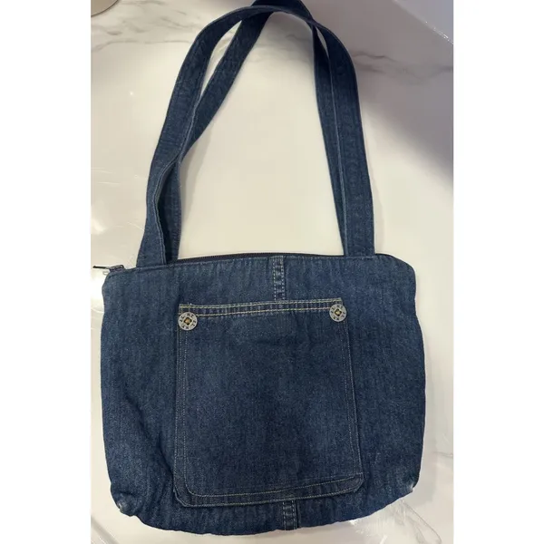 Vintage Handmade Blue Jean Purse Floral Embroidery Pocket Zip Close Boho Hipster - Image 2