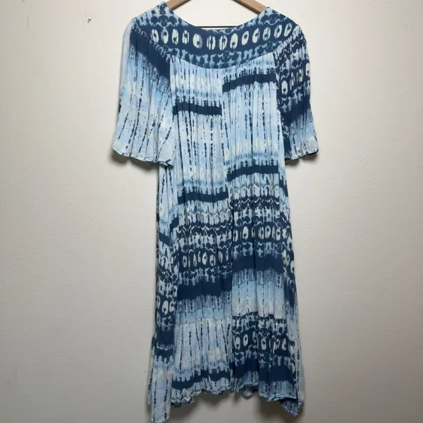 Go Softly Patio Women MIdi Dress L Blue‎ Tie Dye Shibori Rayon Short Sleeve Boho - Image 6
