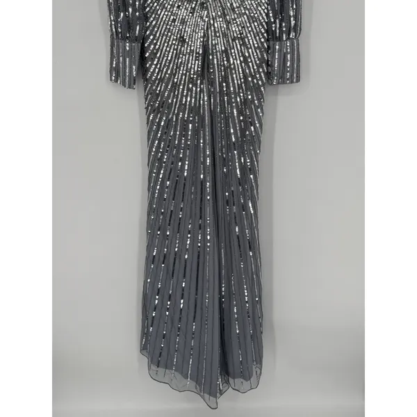 Mac Duggal Sequined Wrap Over Bishop Sleeve‎ Gown 4 Silver Formal Gala Wedding - Image 9