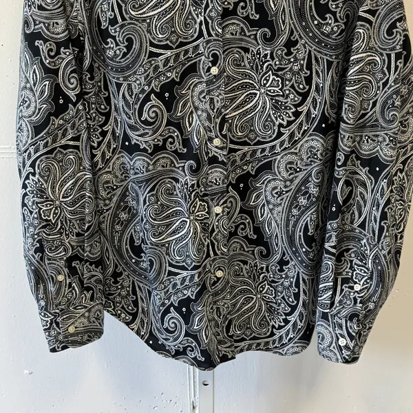 Lauren Ralph Lauren Black White Paisley Non-Iron Cotton Button Down Shirt Large - Image 4