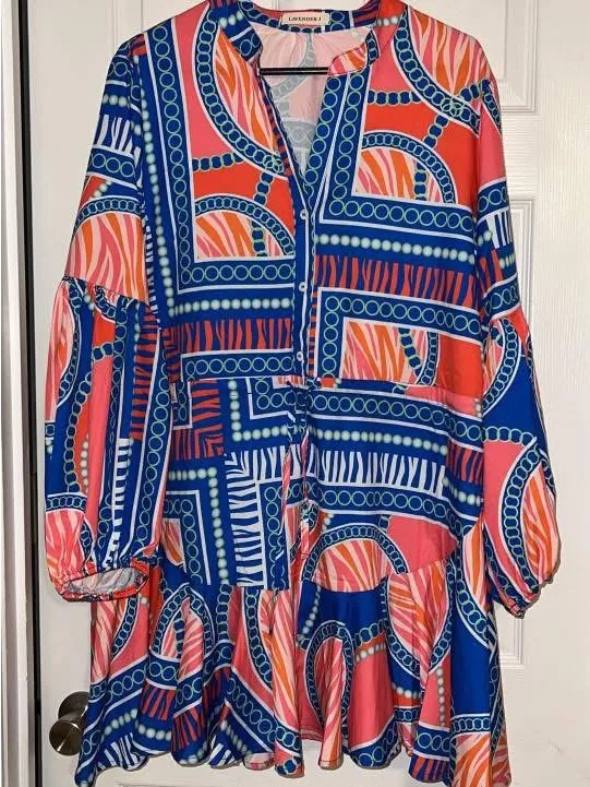 Printed V-Neck Mini Dress in Blue & Coral - Image 2