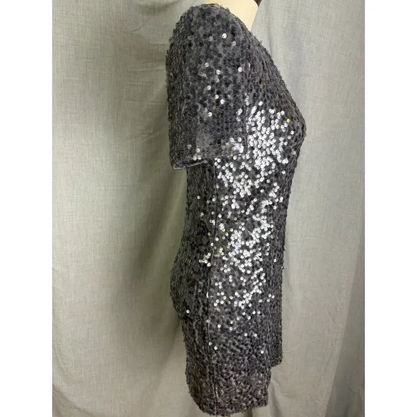 Silver‎ Gray Sequin Short Sleeve Mini Dress Charles Henry XS Party Date - Image 5
