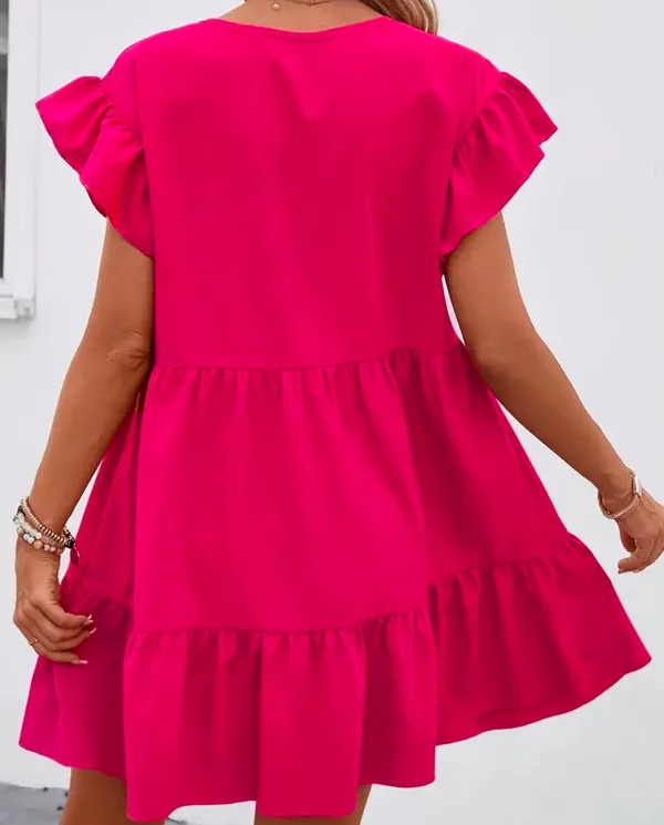 Solid Crew Neck Tiered Dress Pink - Image 6
