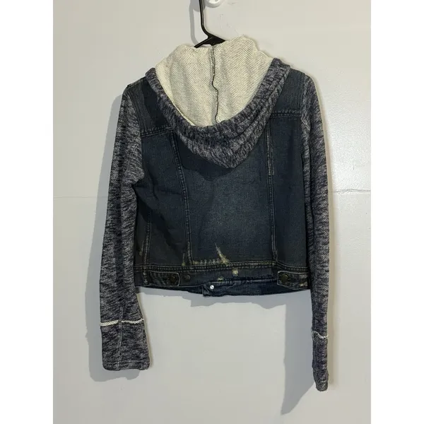 Free‎ People Throwback Hooded Denim & Knit Jacket Size Small Jean Anthracite - Image 5