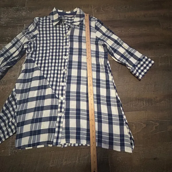 Soft Surroundings Navy Blue Mixed Plaid Asymmetrical Button Front Tunic Large - Image 5