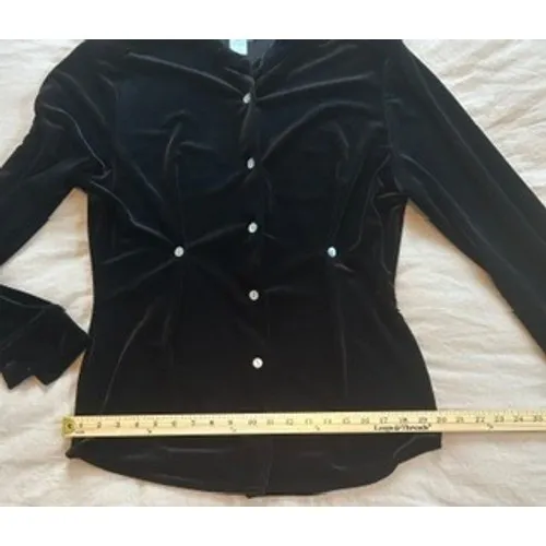 Coldwater Creek Black Stretch Velvet Button Down Mock Neck Top Small - Image 5