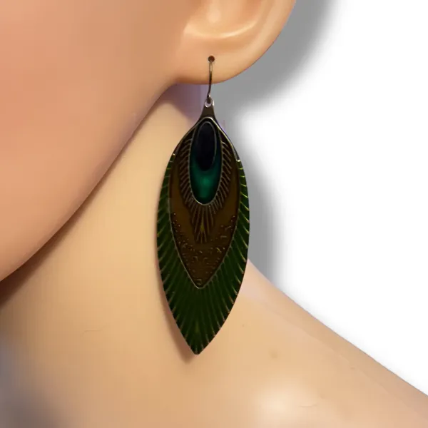 Enamel peacock feather dangle earrings Green - Image 2