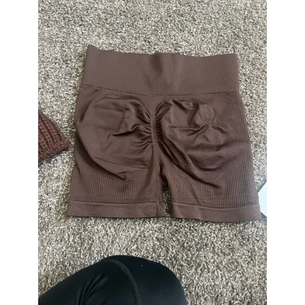Brown Ribbed Biker Shorts High Rise Stretch Size Small - Image 2