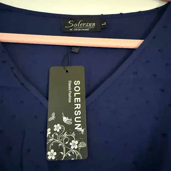 Solersun Womens Navy Blue Swiss Dot‎ Ruffle Sleeve V-Neck Mini Dress Large NWT - Image 4