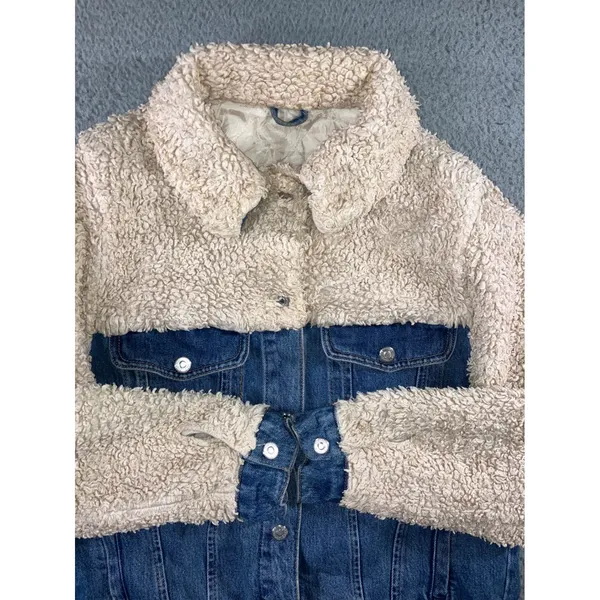 Topshop Denim Jacket Womens 6 Small Blue Cream Borg Fleece Mixed Media Trucker - Image 9