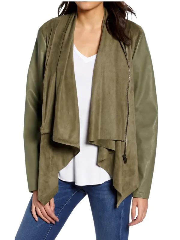 NWT BlankNYC Mixed Media Draped Moto Jacket Olive Green Size XS - Image 3