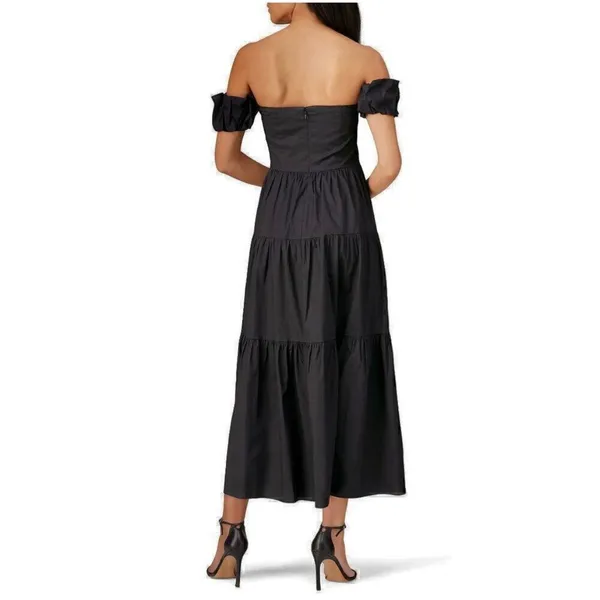 Staud Elio Dress Off The Shoulder Tiered Midi Faded Black Cotton WOMENS 6 - Image 5